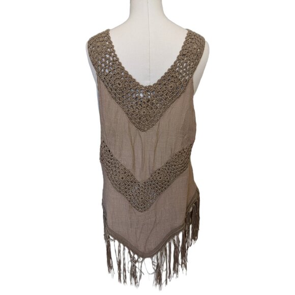 Womens Crochet Tunic Top Vest Brown Fringe Boho Lagenlook Fall Sleeveless Sz L - Picture 6 of 8